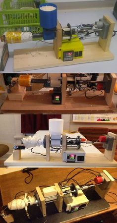 three different types of machines sitting on top of a wooden table next to each other