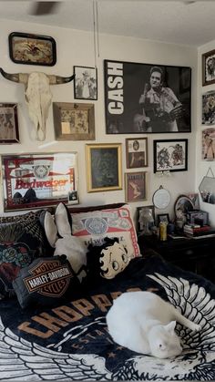 a bedroom with many pictures on the wall and a cat laying on top of it