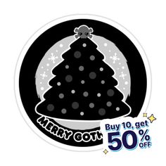 a black and white sticker with a christmas tree in the center, merry get 50 % off