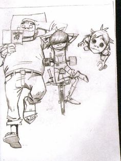 a drawing of two people riding bikes and one is holding a child's head