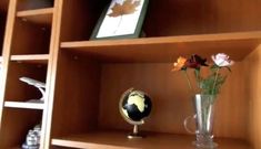 a vase with flowers in it sitting on a shelf next to a clock and other items