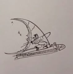 a drawing of a man on a surfboard in the air with a half moon behind him