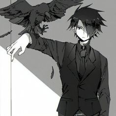 a man in a suit and tie with a bird on his shoulder next to him