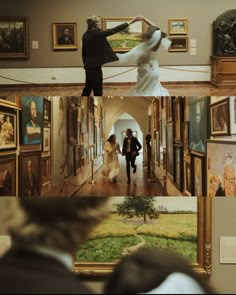 a man and woman are walking through an art gallery