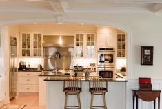 two stools are in front of the kitchen counter