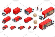 a set of red delivery trucks