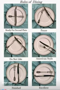 the rules of dining are shown in four different pictures, with forks and spoons on them