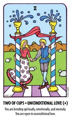 a tarot card with the words two cups and an image of a man holding a woman's hand