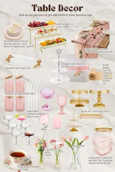 the table decor guide is shown in pink and gold, as well as other items