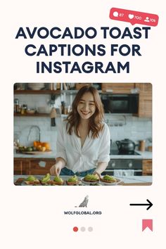 A woman smiling while preparing avocado toast in a modern kitchen.
An illustrated list of avocado toast-themed phrases with a "Get 100+ more" button.
Woman with laptop surrounded by social media graphics promoting Instagram engagement pod. Avocado Quotes, Toast Puns, Smashed Avocado, Ripe Avocado, Savory Breakfast, Food Styling, Avocado Toast