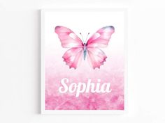 a pink butterfly with the word sophia on it