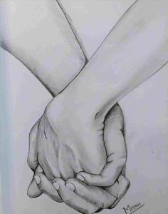 two hands holding each other in the middle of a drawing with black and white ink