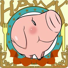 a cartoon pig with a bow tie and name hank on it's chest in front of a frame