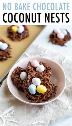 no bake chocolate coconut nests on a plate