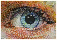 an eye made out of bottle caps is shown in this artistic painting by the artist