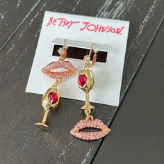 Beautiful Betsey Johnson Earrings, Gold Tone, Lips And Wine Glass, Perfect For Girl Night Out, Wine Night, Wine Tasting. New With Tag. Single Earring For Valentine's Day Party, Glamorous Pink Jewelry For Celebration, Pink Earrings For Valentine's Day Celebration, Rose Gold Ear Wire Earrings For Party, Trendy Rose Gold Party Jewelry, Trendy Jewelry For Valentine's Day Party, Trendy Pink Gold Jewelry For Party, Metal Jewelry For Valentine's Day Party, Glamorous Pink Earrings For Celebration