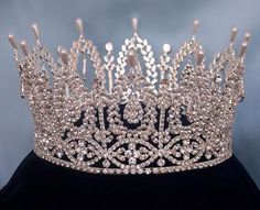 Andalucia Palace Full Rhinestone Crown - CrownDesigners King Crowns, Fairy Items, Crown Headdress, Tiara Accessories, Bridal Crown Tiara, Pageant Crowns, Bridal Tiaras, Blue Velvet Fabric, Rhinestone Headpiece