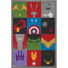 the avengers poster is shown in different colors and sizes, including black frame with white border