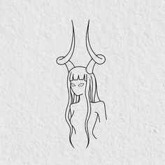 a drawing of a woman with long hair and horns on her head, in black ink