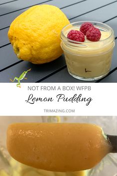 a lemon pudding with raspberries on top and a bowl of whipped cream in the bottom