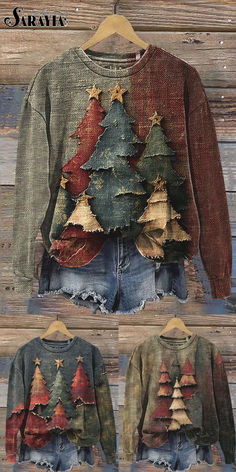 the sweater is made from old jeans and has christmas trees on it