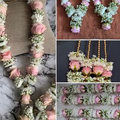 flowers and pearls are arranged in the shape of letters