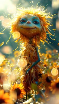 a cartoon character with long hair and blue eyes standing in the middle of sunflowers