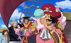 one piece and other characters are standing in front of a pirate ship while others look on