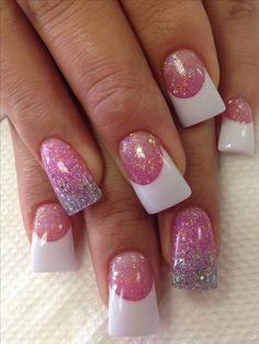 Another set of pink and white with a little something else! Fun :) French Nails Glitter, Flare Nails, Nails With Glitter, White Acrylic Nails, Basic Nails, Super Nails, Art Pastel, Sparkle Nails, Trendy Nail Design