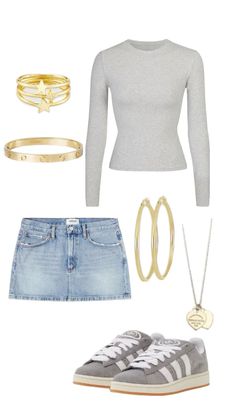 Cute outfit clothes grey top jean skirt Adidas campus 00s grey vibe gold jewerly Smink Inspiration, Rock Outfit, Outfit Inspo Summer, Looks Street Style, Mode Inspo