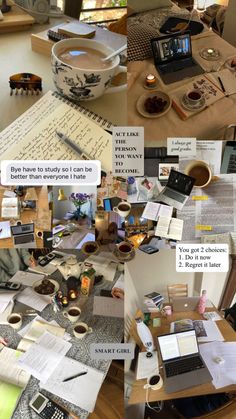 a collage of photos with various things on the table