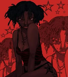 a drawing of a woman with dreadlocks sitting in front of red background and stars