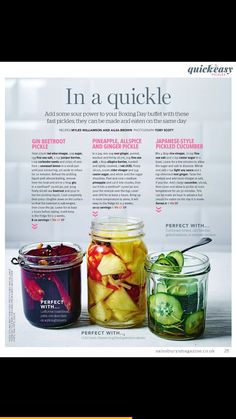 an advertisement for pickles in a quickle with fruit and veggies inside the jar