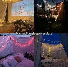 four different images show the inside of a tent with lights on it, and in front of a projection screen that says trampoline sleepover date