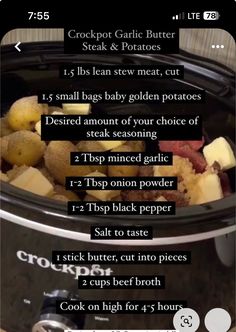 the instructions for how to make crockpot garlic butter steak and potatoes in an instant pressure cooker