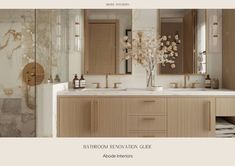 the bathroom renovation guide includes marble counter tops and wooden cabinets, with flowers in vases