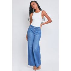 These Womens Low Rise Wide Leg Jeans will have you feeling too hot to handle! This jean is made with midweight stretchy denim and a low-waisted rise for your ultimate comfort, while the wide leg shape creates a flattering silhouette that elongates your legs. Constructed with a classic five-pocket construction and a front zip fly with single button closure. Style with a fitted crop and tennis shoes for a trendy street look, or swap your sneakers for heels to sass things up! Size: 13/31.  Color: B Low Rise Wide Leg Jeans, Too Hot To Handle, Ymi Jeans, Curvy Jeans, Street Look, Women Essentials, Low Waisted, Blue Gender, Fashion Essentials