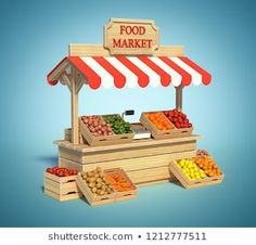 an illustration of a food market stand with fruits and vegetables on display for customers to purchase