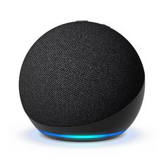 an amazon echo speaker is shown with blue light on the front and side panel,