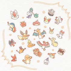 a bunch of cute little animal stickers on a piece of paper with an orange border