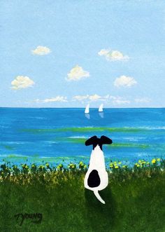 a painting of a black and white dog standing on top of a lush green field