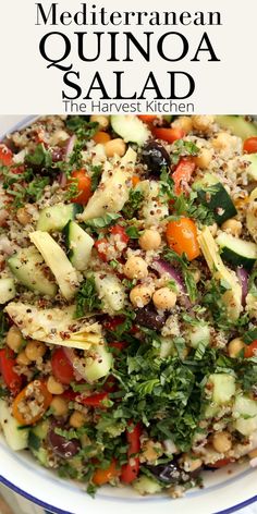 mediterraneann quinoa salad in a white bowl