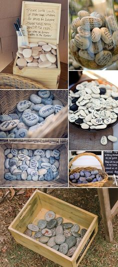 several different pictures of rocks in a basket and on the ground, including one with writing