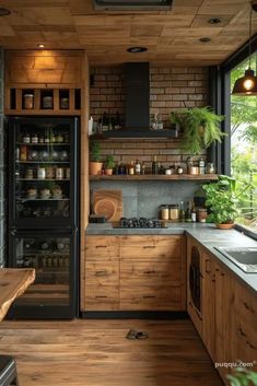 a kitchen with wooden floors and cabinets, plants on the counter top in front of the oven