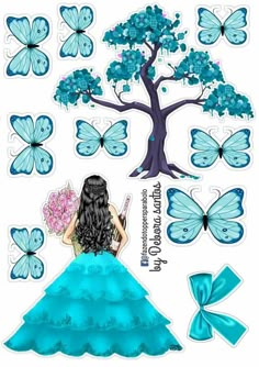 a paper cutout with butterflies and a woman in a blue dress sitting under a tree