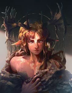 a digital painting of a woman with horns on her head and hands around her neck