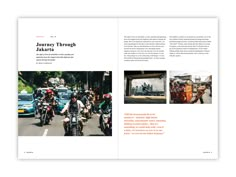 an open book with pictures of people riding motorcycles and cars on the street in front of them