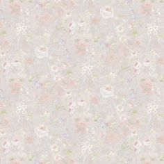 a floral wallpaper pattern with pink, blue and white flowers on grey background in pastel tones