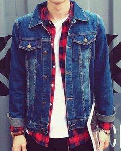 Aesthetic Converse, Plaid Shirt Outfits, Buttons Design, Jean Jacket Outfits, Denim Jacket Outfit, How To Look Handsome, Jackets For Men, Denim Jacket Men, Outdoor Jacket