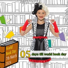 the girl is posing with her book in front of bookshelves and text reading world book day, 7th march 2012